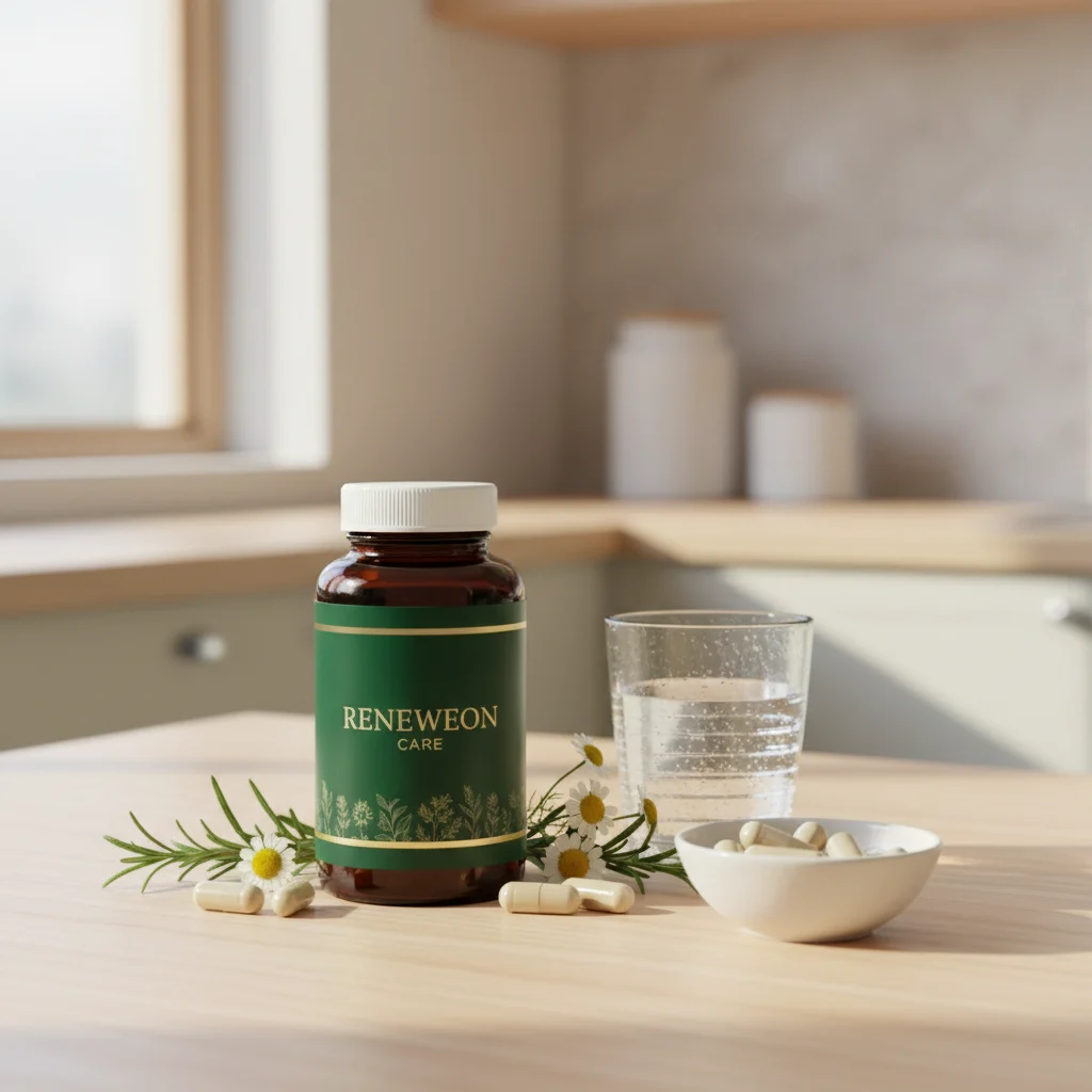Reneweon Care -pullo valoisalla keittiöpöydällä vesilasilla ja manteleilla